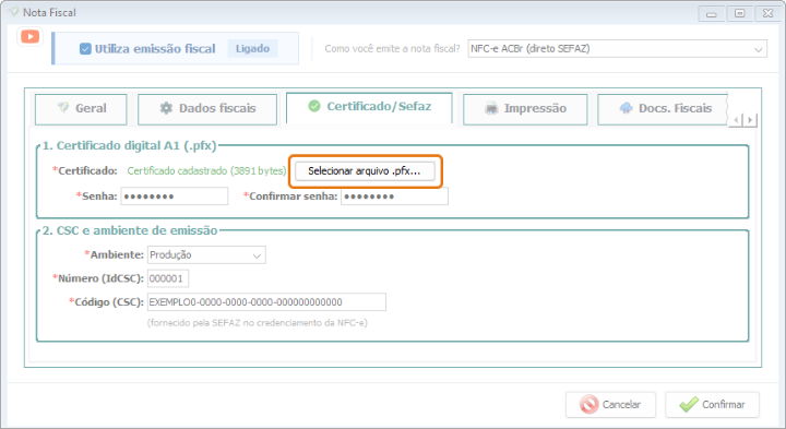 O botão Selecionar arquivo .pfx..., na aba Certificado/Sefaz