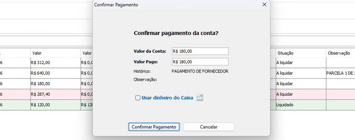 O diálogo Confirmar Pagamento, com o valor pago e a caixinha do dinheiro do caixa