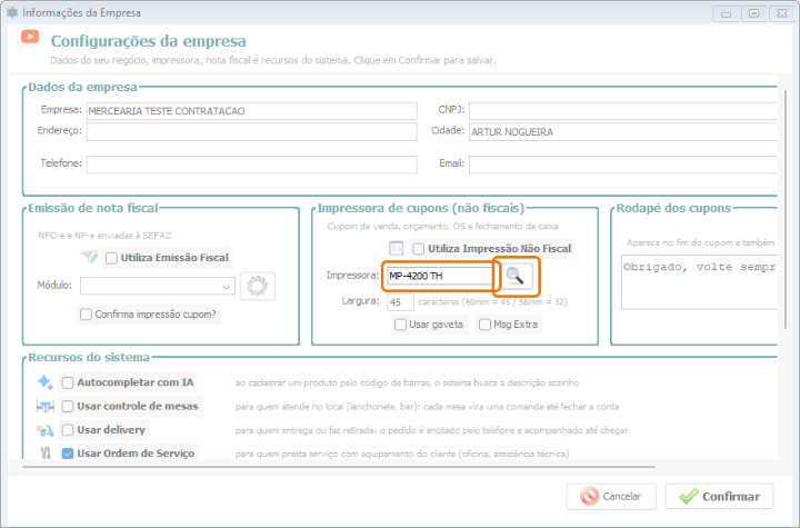 O campo Impressora e a lupa que lista as impressoras instaladas no Windows