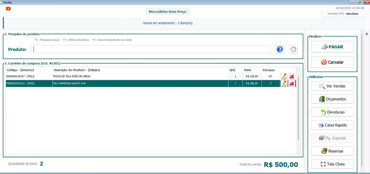 A ordem de serviço aberta no caixa: a mão de obra e a peça no carrinho, prontas para receber
