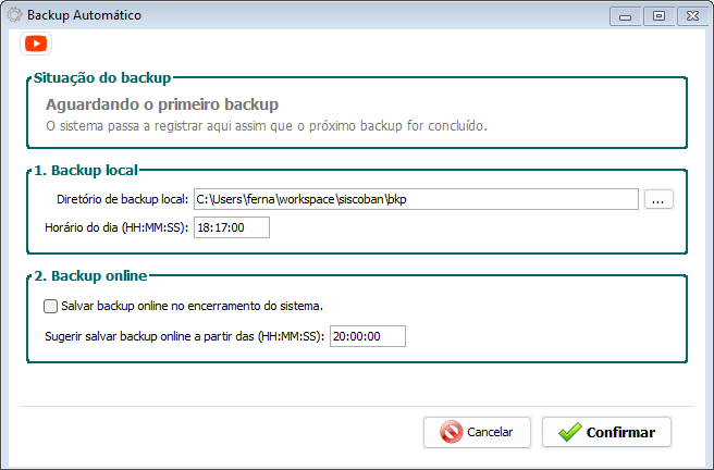 A tela Backup Automático: a pasta do arquivo, o horário da cópia diária e a cópia online