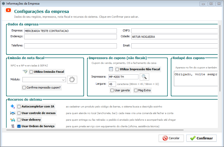 A tela Configurações Empresa: dados da loja, impressora, nota fiscal e recursos do sistema