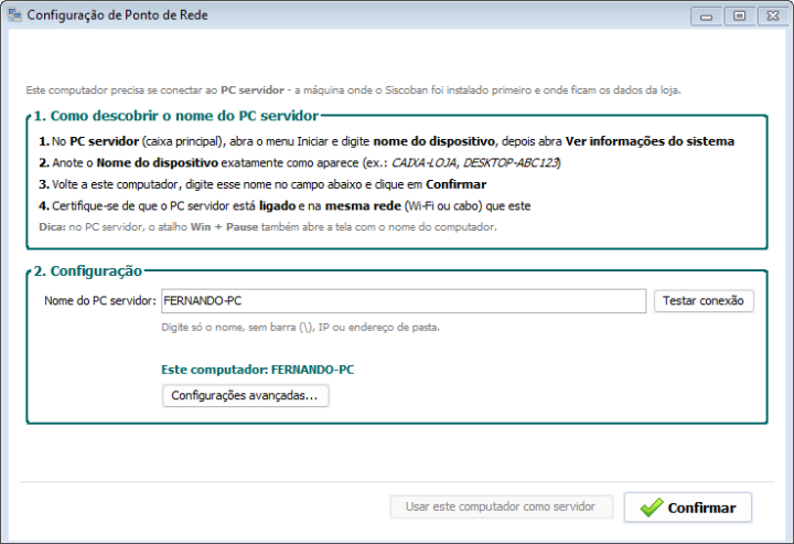 A tela Configurar ponto de Rede, usada nos computadores que se ligam ao servidor